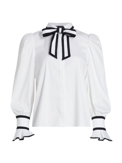 Shop Alice And Olivia Women's Sharen Tieneck Puff-sleeve Top In Off White Black