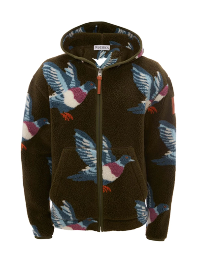 Shop Jw Anderson Men's Pigeon-print Fleece Zip-up Jacket In Khaki