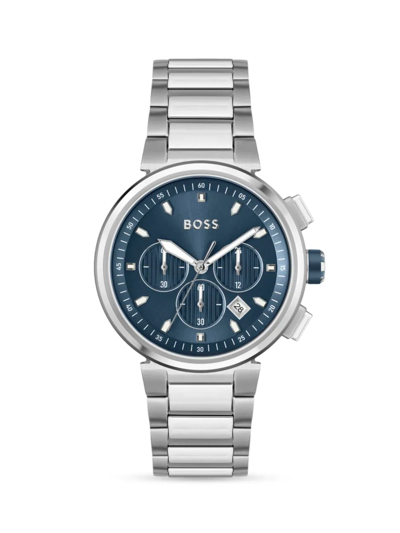 Shop Hugo Boss Men's Blue-dial Stainless Steel Bracelet Watch In Black Blue