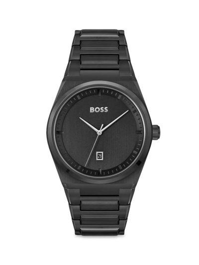 Shop Hugo Boss Men's Steer Ionic-plated Stainess Steel Bracelet Watch In Black