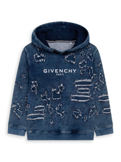 Shop Givenchy Boy's Destroyed Drawstring Hoodie In Blue