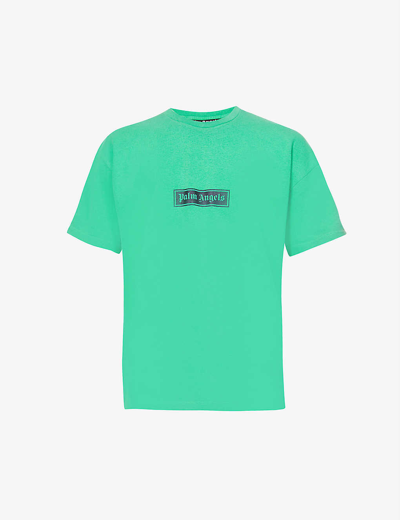 Shop Palm Angels Box Logo-print Garment-dyed Relaxed-fit Cotton-jersey T-shirt In Green White