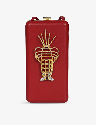 Shop La Maison Couture Sonia Petroff Lobster 24ct Yellow Gold-plated Brass And Swarovski Crystal-embellished Leather Clutch In Red