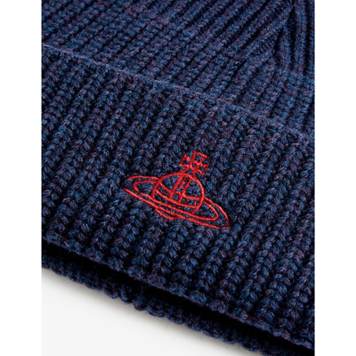 Shop Vivienne Westwood Logo-embroidered Sporty Wool Beanie In Navy Blue Melange