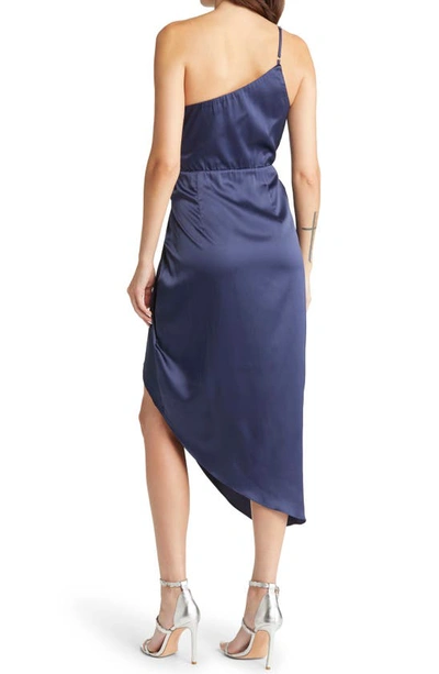 Shop Lulus Law Of Attraction On-shoulder Satin Cocktail Dress In Navy Blue