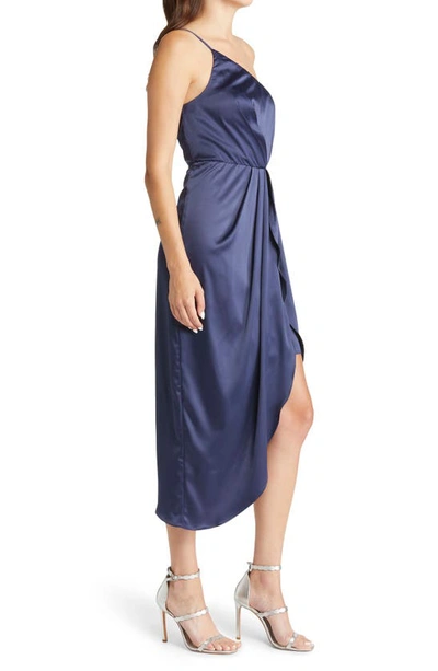 Shop Lulus Law Of Attraction On-shoulder Satin Cocktail Dress In Navy Blue