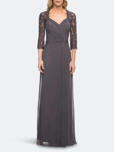Shop La Femme Jersey Gown With Knot Detail And Lace Sleeves In Grey