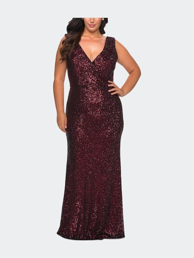 Shop La Femme Long Sequin Plus Size Gown With V-neck In Red