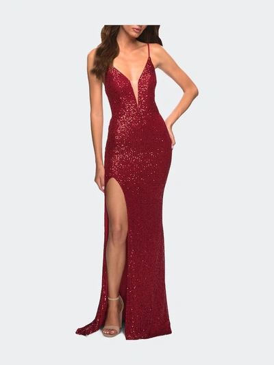 Shop La Femme Sequin Gown With Deep V Neckline And Lace Up Back In Red