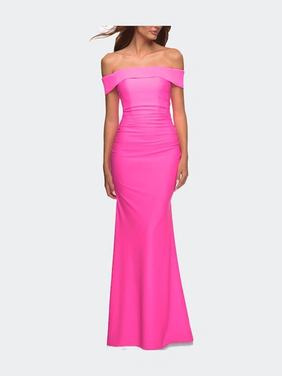 Shop La Femme Long Off The Shoulder Ruched Neon Jersey Dress In Pink