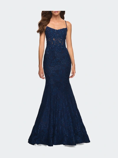 Shop La Femme Mermaid Lace Gown With Sheer Bodice And Open Back In Blue