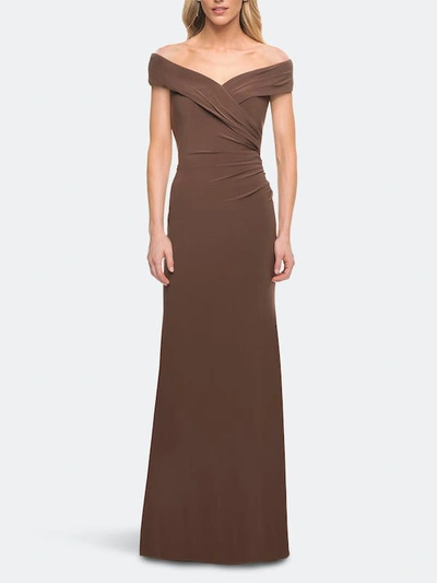 Shop La Femme Off The Shoulder Jersey Dress With Ruching In Brown