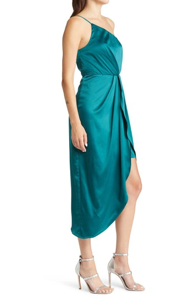Shop Lulus Law Of Attraction On-shoulder Satin Cocktail Dress In Emerald Green