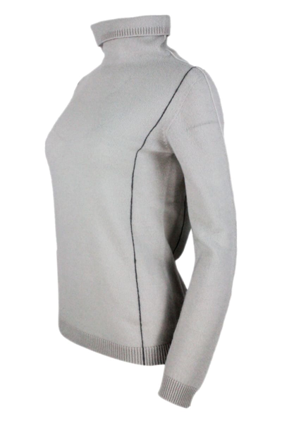 Shop Lorena Antoniazzi Turtleneck Sweater In Pure And Soft Light Cashmere With Slim-fit Ribbed Edges In Marble
