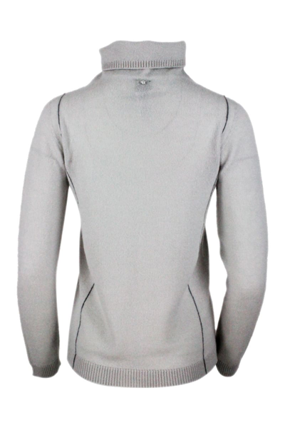 Shop Lorena Antoniazzi Turtleneck Sweater In Pure And Soft Light Cashmere With Slim-fit Ribbed Edges In Marble