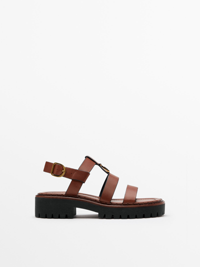 Shop Massimo Dutti Leather Sandals With Track Sole In Tan