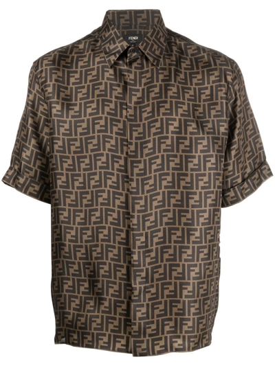 Shop Fendi `ff Logo` Short Sleeve Shirt In Marrone