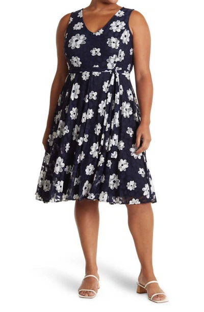 Shop Tommy Hilfiger Daisy Lace Floral Belted Dress In Sky Captain/ Ivory