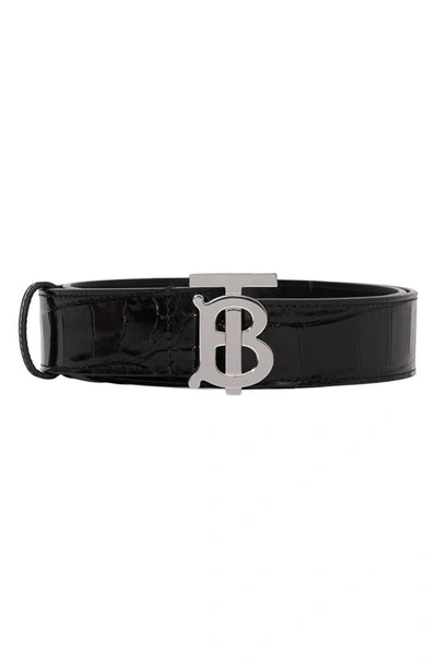 Burberry Tb Buckle Leather Belt In Black Silver