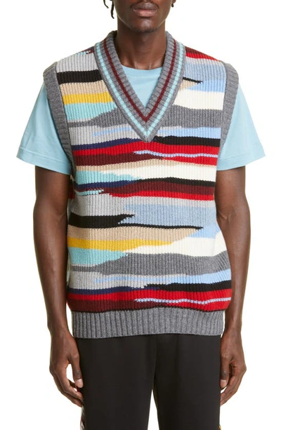 Shop Missoni Stripe Wool Sweater Vest In Multi Grey Base