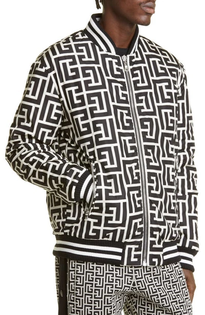 Shop Balmain Maxi Monogram Print Reversible Quilted Nylon Bomber Jacket In Gfe Ivoire/ Noir