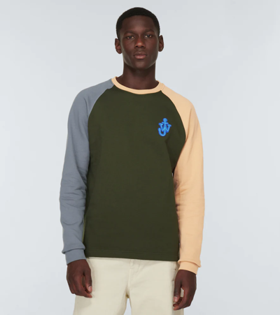 Shop Jw Anderson Colorblocked Embroidered Cotton Sweater In Green Multi