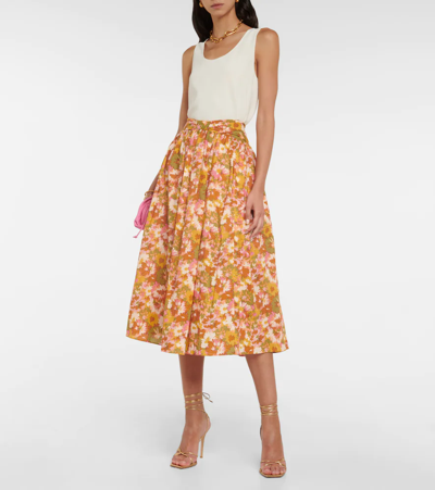 Shop Zimmermann Violet Floral Cotton Midi Skirt In Khaki Multi Floral