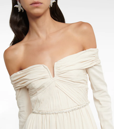 Shop Self-portrait Bridal Off-shoulder Crêpe Maxi Dress In Cream
