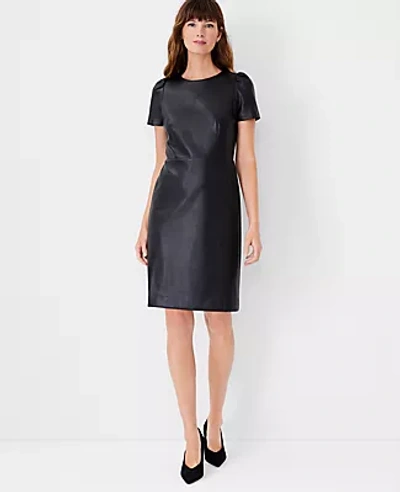 Shop Ann Taylor Faux Leather Puff Sleeve Flare Dress In Black