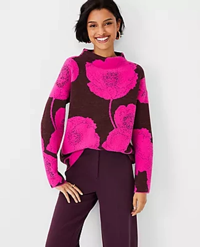 Shop Ann Taylor Floral Jacquard Funnel Neck Sweater In Chocolate Espresso