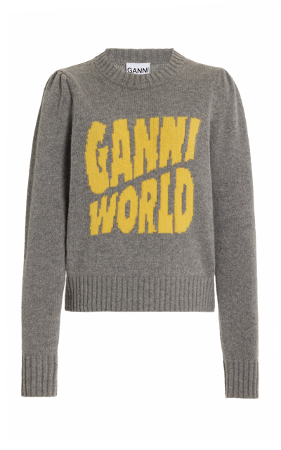 Shop Ganni Women's Graphic Puff-sleeve Wool-blend Top In Grey