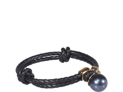 Shop Versace Pearl And Medusa Woven Leather Bracelet In Black