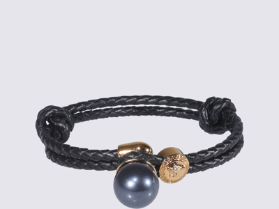 Shop Versace Pearl And Medusa Woven Leather Bracelet In Black