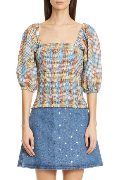 Shop Ganni Plaid Smocked Seersucker Top In Multi Color