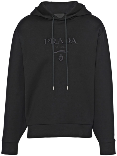 Shop Prada Logo-embroidered Drawstring Hoodie In Black