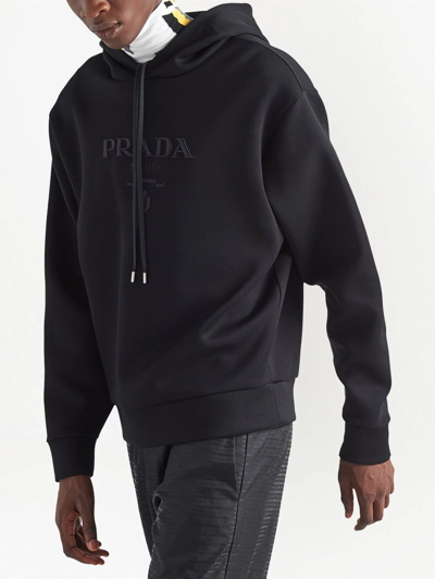 Shop Prada Logo-embroidered Drawstring Hoodie In Black
