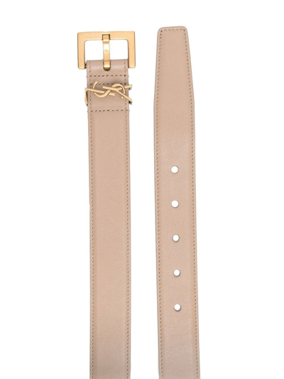 Shop Saint Laurent Monogram Logo Belt In Nude