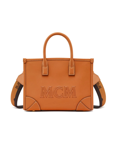 Shop Mcm Women's Leather Logo Mini Tote In Cognac