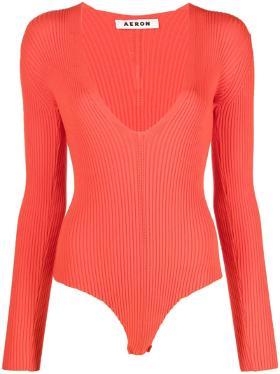 Shop Aeron Rib-knit Plunging U-neck Bodysuit In Rot