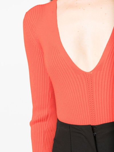 Shop Aeron Rib-knit Plunging U-neck Bodysuit In Rot