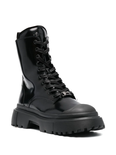 Hogan H619 Black Leather Combat Boots In Black