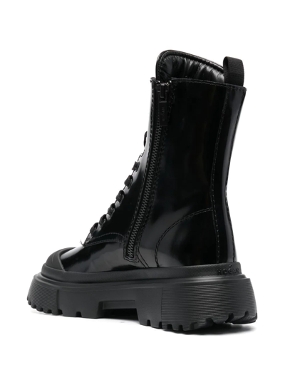 Hogan H619 Black Leather Combat Boots In Black