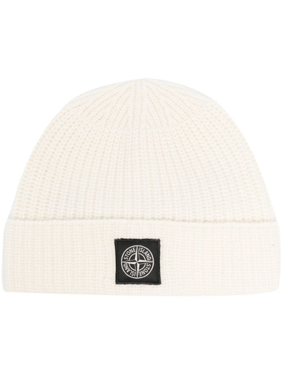Shop Stone Island Logo Patch Ribbed Beanie In White
