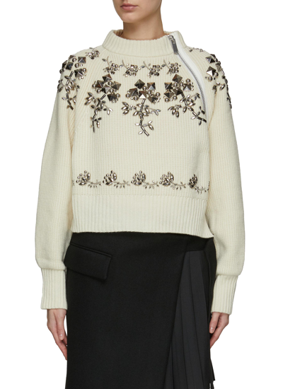 Shop Sacai Studded Flower Pattern Wool Knit Pullover In Neutral