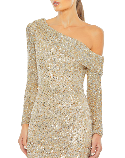 Shop Mac Duggal Sequined One Shoulder Evening Gown In Shimmering Gold