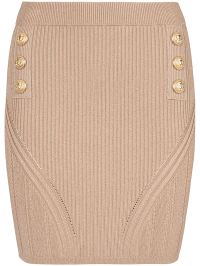 Shop Balmain Button-embellished Knitted Skirt In Braun