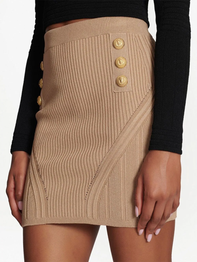 Shop Balmain Button-embellished Knitted Skirt In Braun
