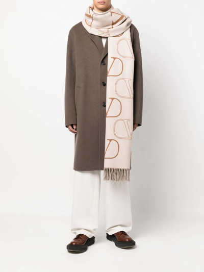 Valentino Logo-embroidered Fringed Scarf In Neutrals