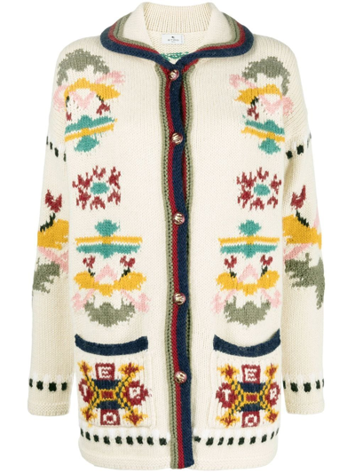 Shop Etro Geometric Floral Intarsia-knit Cardigan In Weiss