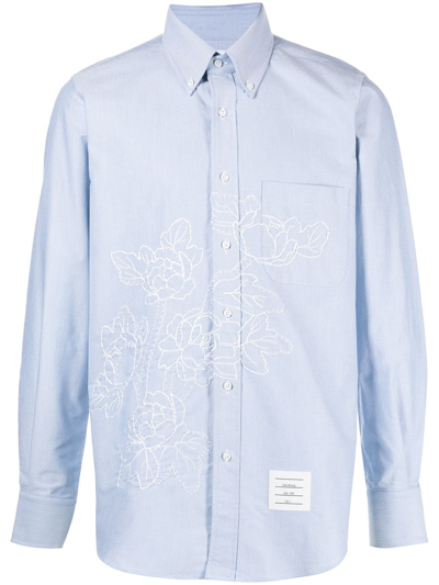 Shop Thom Browne Floral-embroidered Long-sleeve Shirt In Blau